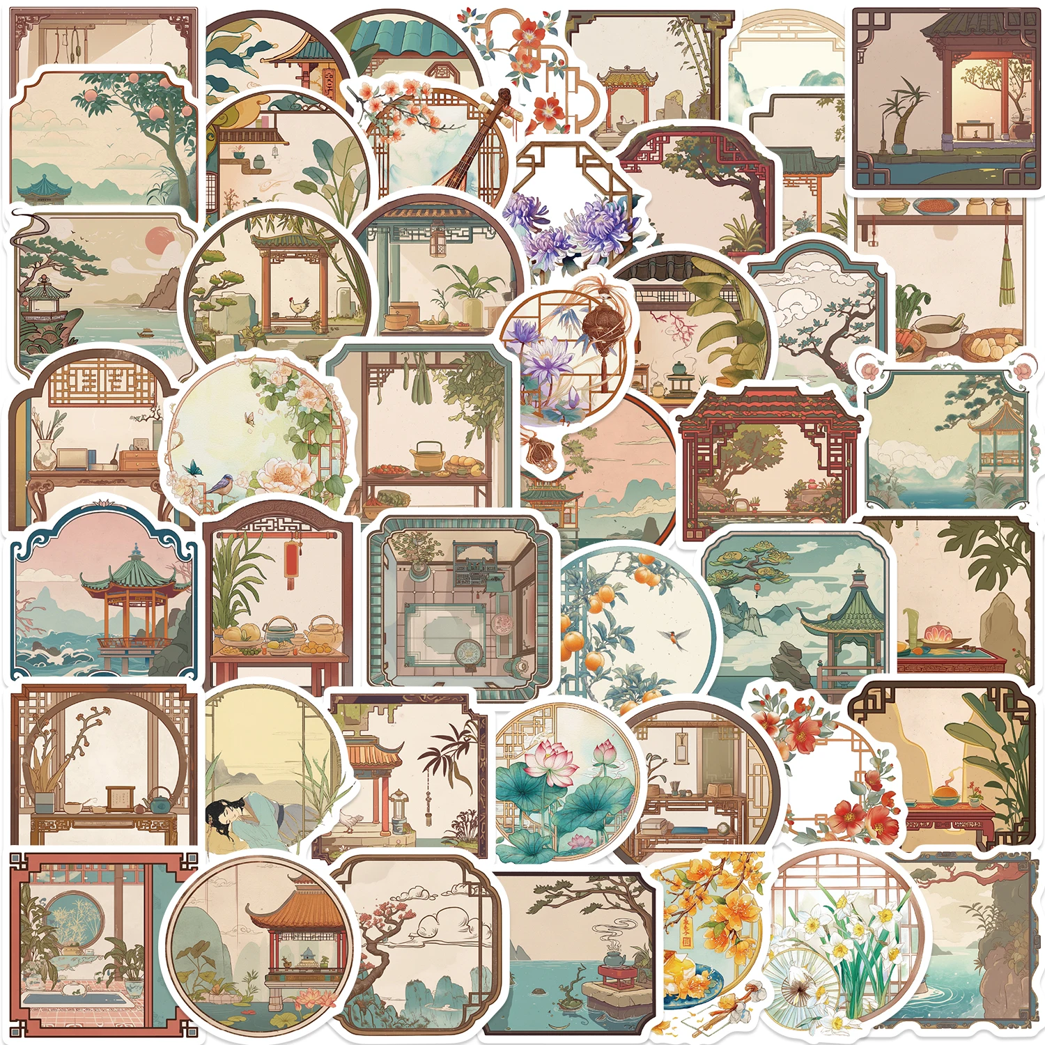 50pcs Antique Scene Flower Window Stickers Decal For Skateboard Laptop Phone Bike Car Funny Waterproof Sticker Kids Classic Toys