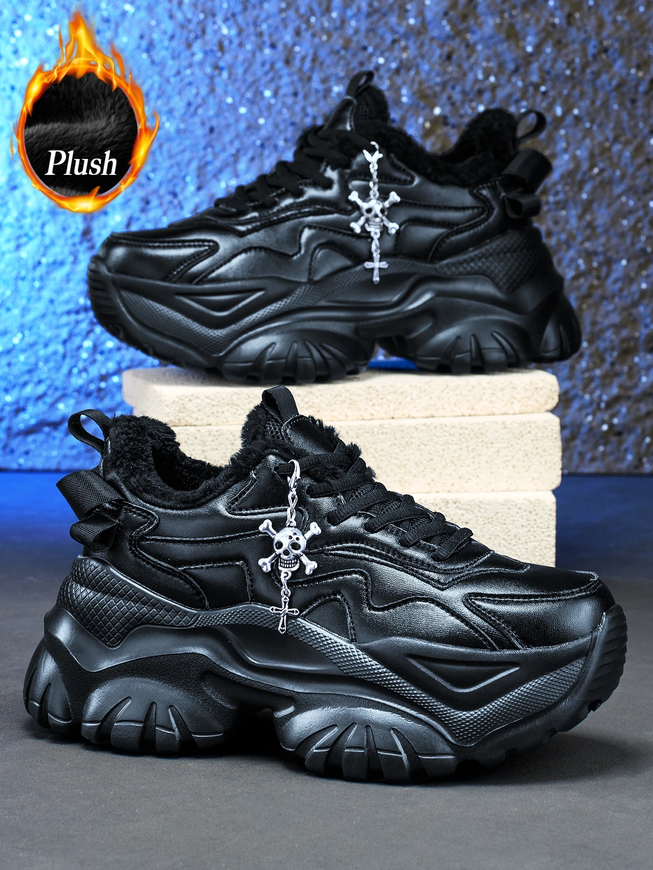 Schwarze vulkanisierte Schuhe im Y2K-Sweet-Cool-Stil für Damen, leichte Eva-Sneaker mit dicker Sohle und 7 cm Absatzhöhe, mit abnehmbarem silberfarbenem Kreuz-Schädel-Anhänger, geeignet für Outdoor-Winterwärme – Detail 13