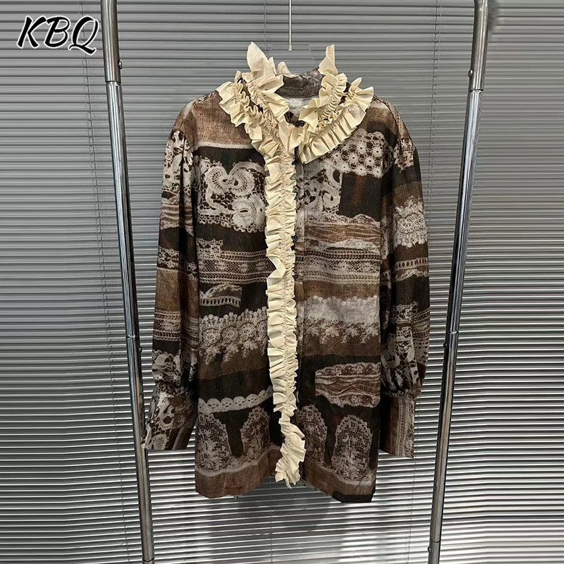 

KBQ Vintage Designer Printing Loose Blouses For Women Round Neck Long Sleeve Spliced Folds Temperament Shirts Female Fashion New
