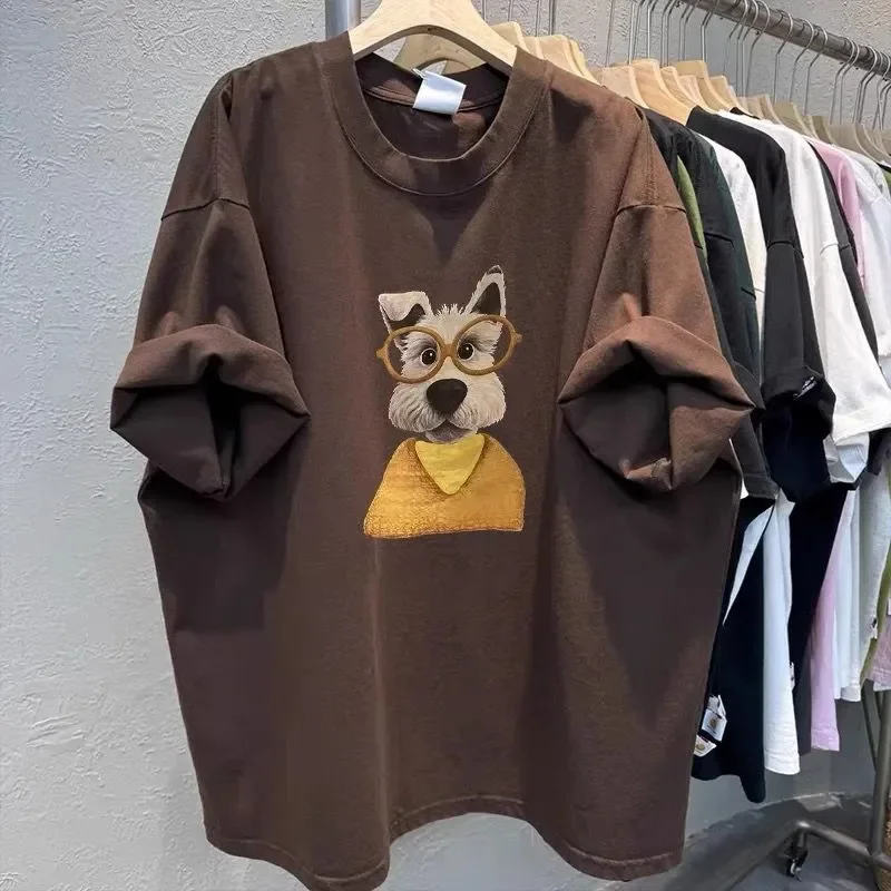 American Oversize Dog Print Cotton T Shirt Women Summer Plus Size Loose Belly Cover Short Sleeve Top