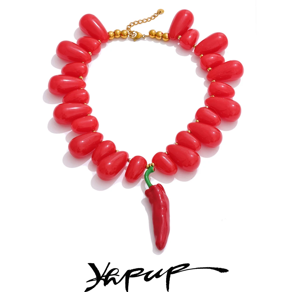 

Yhpup Red Resin Beads Handmade Chilli Pendant Big Collar Necklace 2025 Creative Fashion Women Waterproof Statement Jewelry Gift