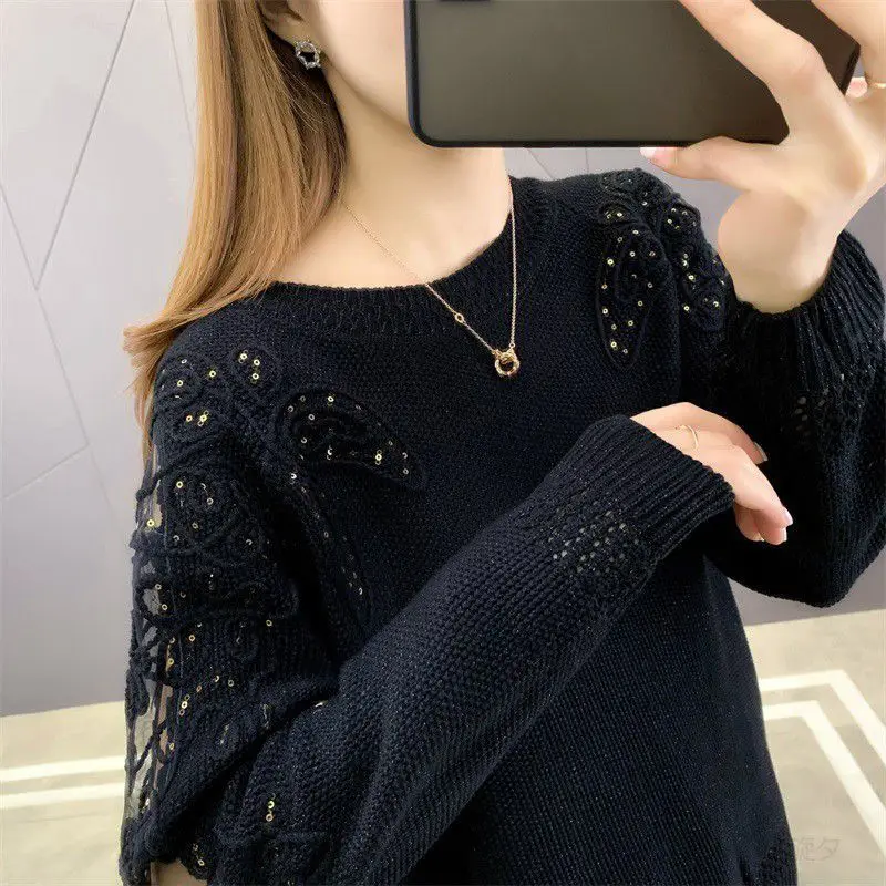 Fashion O-Neck Embroidery Sequined Hollow Out Sweaters Women Clothing 2023 Winter New Oversized Casual Pullovers Commuter Tops