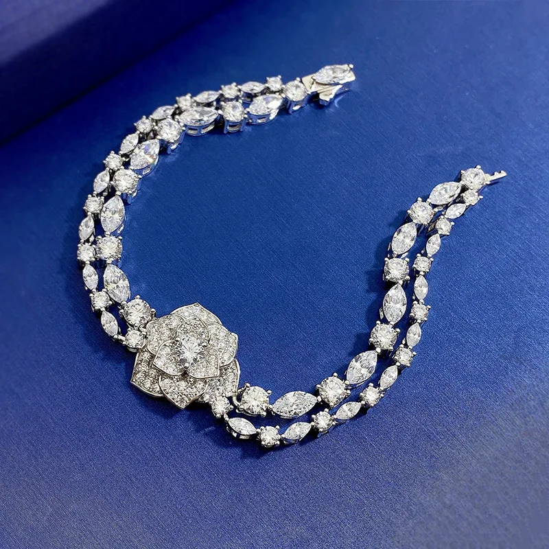 S925 Silver Camellia Flower Carbon Diamond Charm Bracelet Double Chain Design Jewelry White Gold Plated Flower Bracelet Bangles