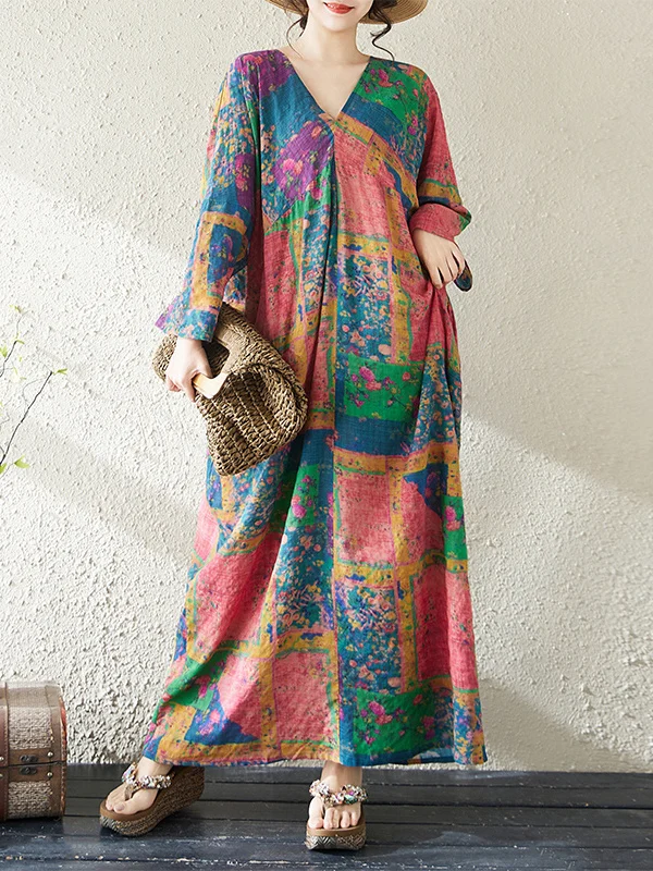 

Spring Summer Floral Print Cotton Linen Long Sve V-Ne Dr Mommy Sle Faionable Agel Ladies' Dr Batwing Sve