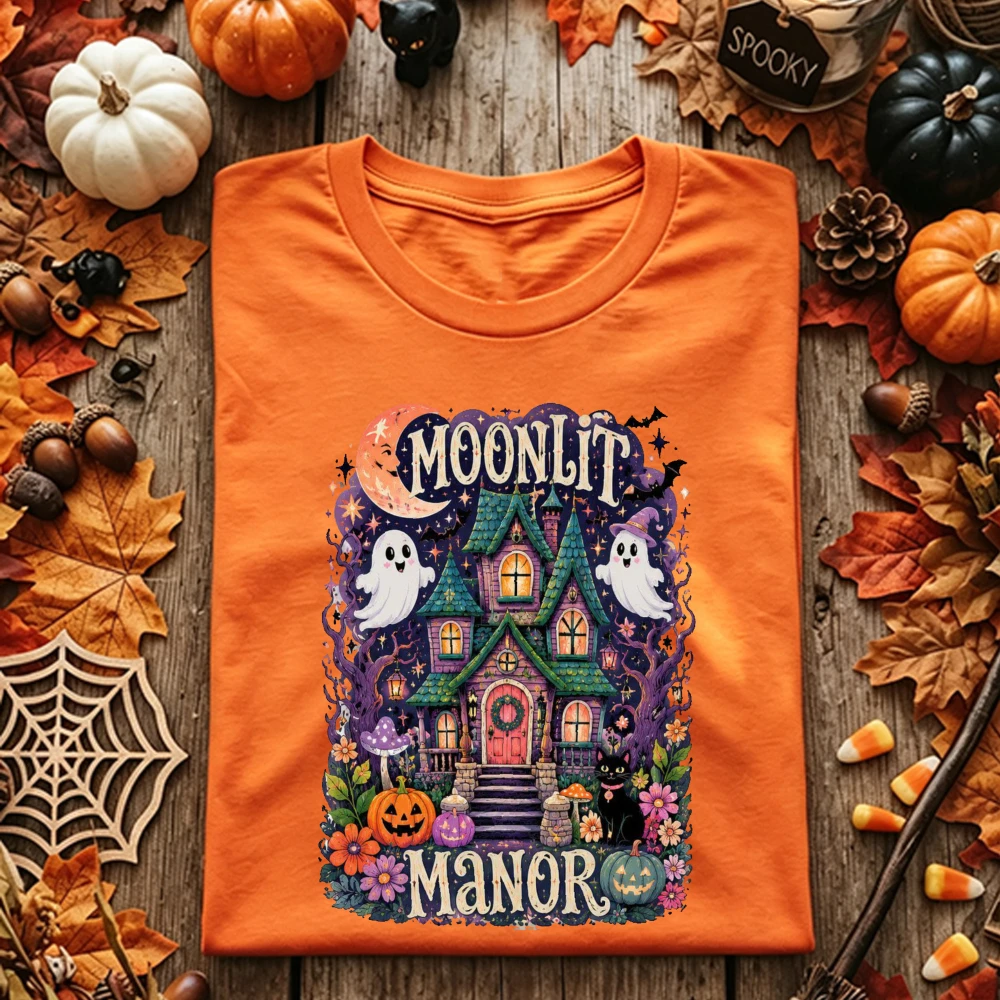 Moonlit Manor T Shirt Unisex Cotton Haunted House Ghost Graphic Printed Tee Women Men Spooky Season Halloween Party T-Shirt Tops