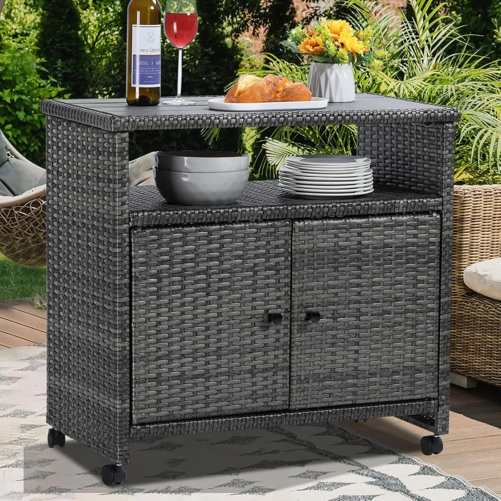 

Outdoor Wicker Storage Cabinet - Patio Bar Table with 2 Doors and Shelves, Rolling Wicker Weatherproof Buffet Cabinet for Outdoo