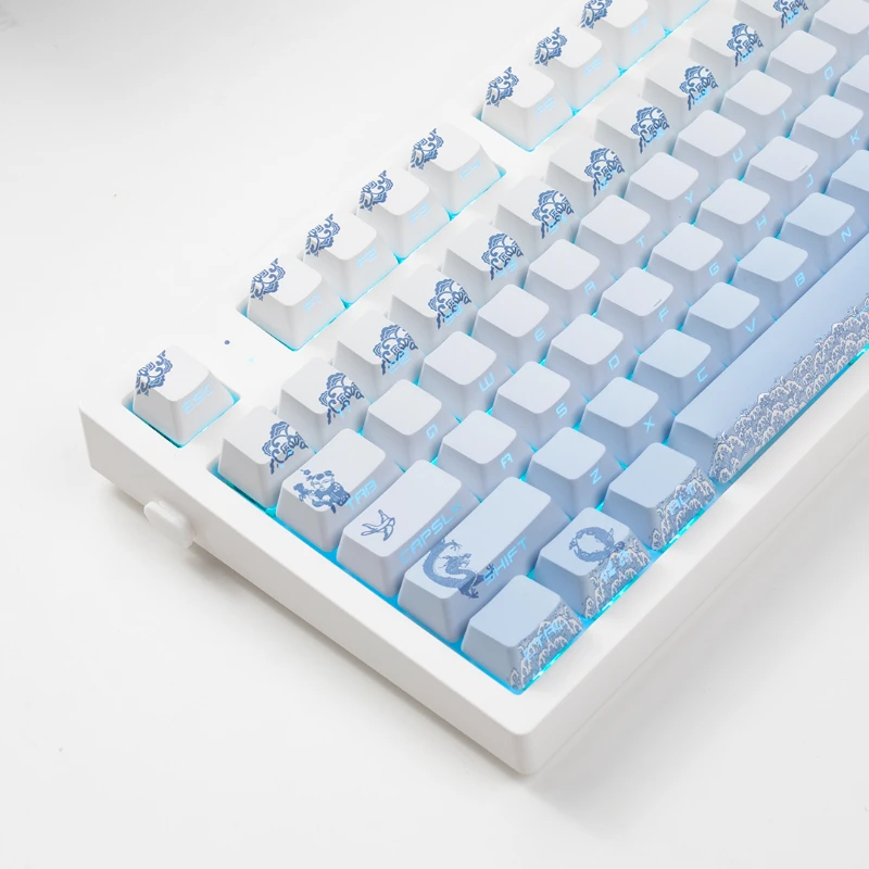 ECHOME Blue and White Porcelain Keycap Set PBT Dye Subbed Side-engraved Keyboard Cap OEM Profile Key Cap for Mechanical Keyboard