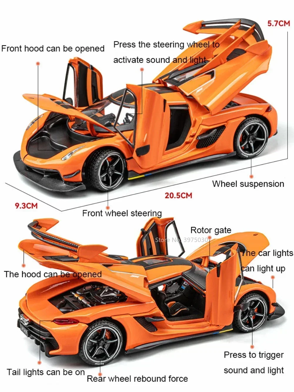 Alloy Diecast Model Car para crianças, escala 1:24, Koenigsegg, Jesko, luz, função de puxar para trás, coleção, brinquedos para meninos