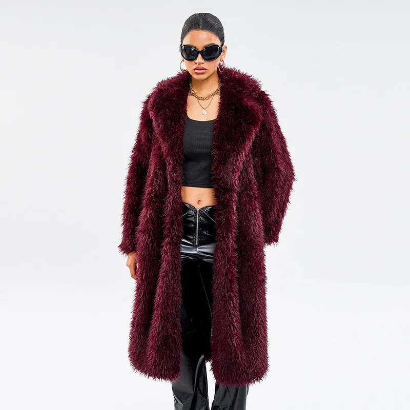 Lapel Long Faux Fur Coat Women Winter Plush Jacket Warm Long Sleeves Streetwear Artificial Fluffy Coat 2024 New Teddy Overcoat