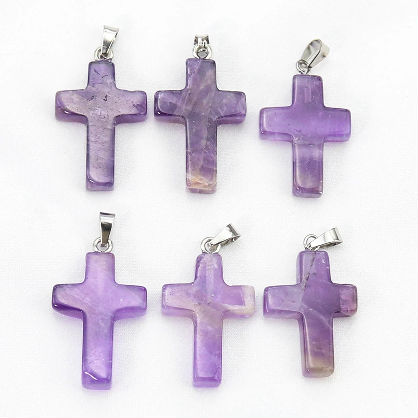 Real Amethyst Cross Charms Crystal Quartz Stone Pendant DIY Christian Necklace Earring Bracelet Woman Jewelry Making Accessory