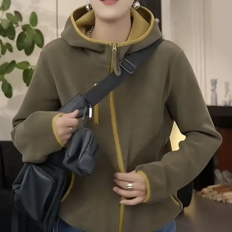 

Женская ветрозащитная теплая повседневная куртка с капюшоном на плюшевой подкладке и длинными рукавами, модное универсальное осенне-зимнее пальто