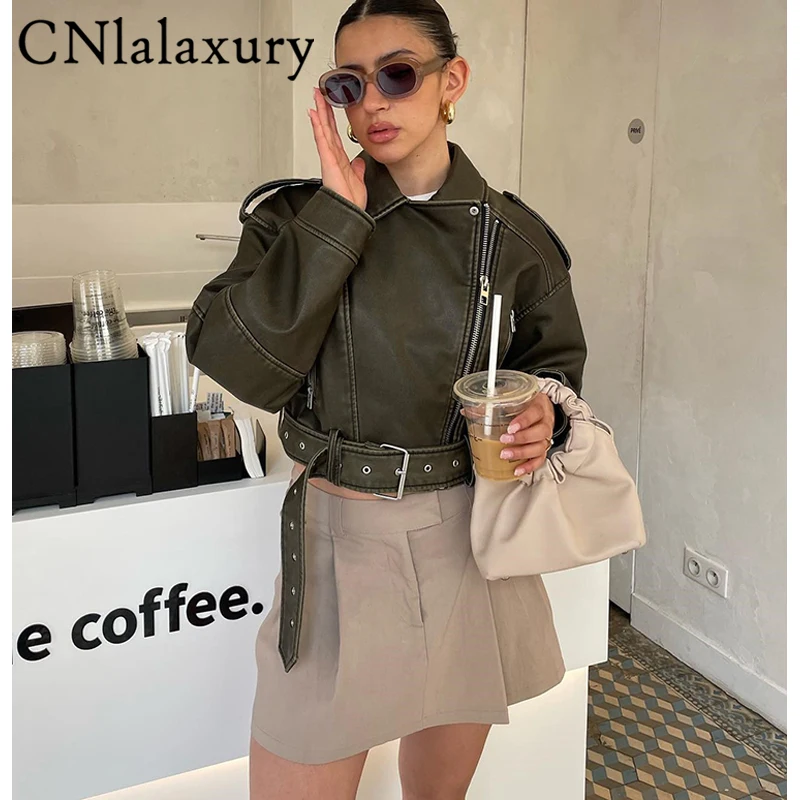 Cnlalaxury couro feminino lapela cinto jaqueta 2023 manga longa zíper bolso casaco moda feminina motocicleta de couro curto outerwear