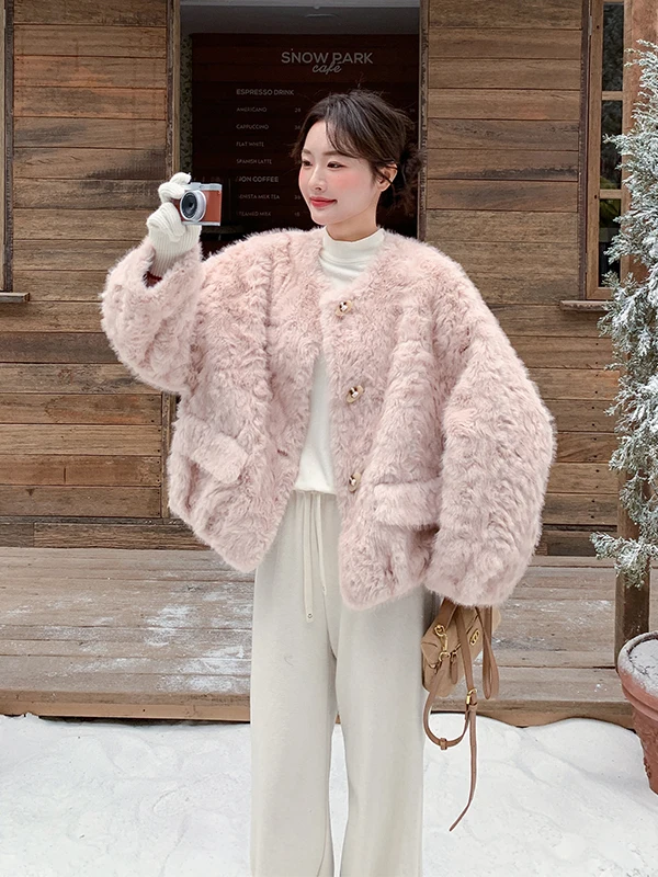 핑크 방수 양털 자켓 여성용 가을 겨울 따뜻한 캐주얼 루즈핏 롱 슬리브 라운드 넥 코트
