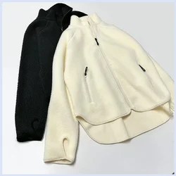 Nordic style fleece zipper cardigan jacket with stand up collar and irregular hem top for women