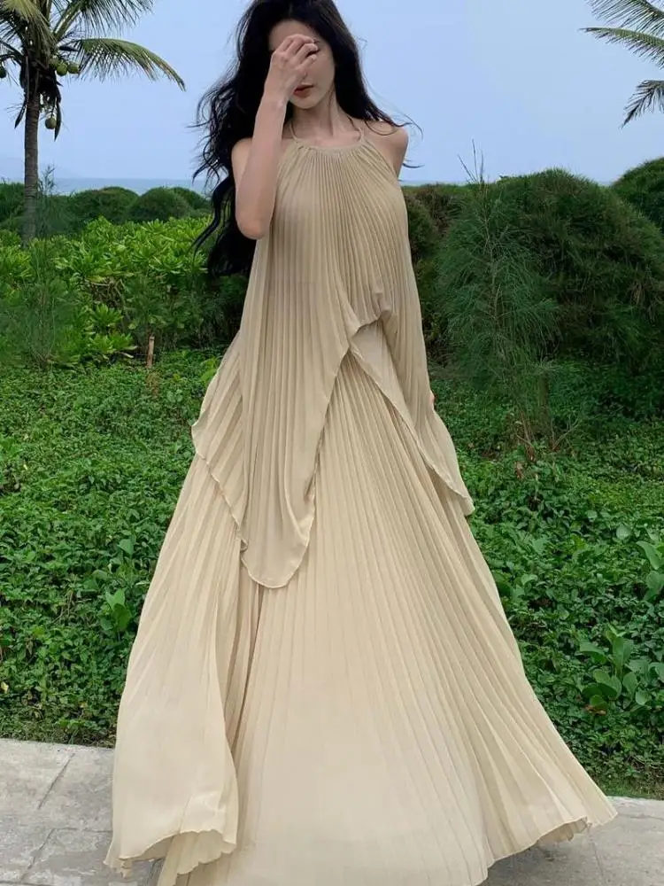 

Summer Beach Vacation Two Piece Set Beige Sexy Sleeveless Backless Irregular Halter Lace-up Tops And High Waist Long Skirt 2025