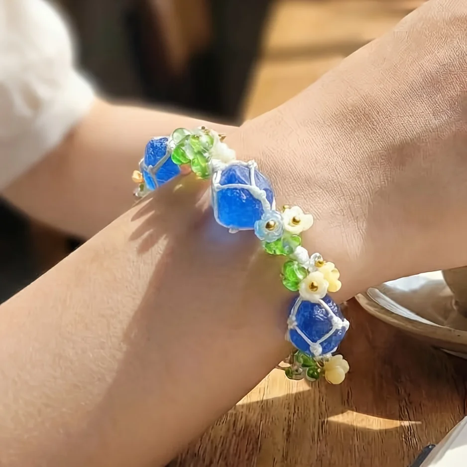 3 Natural Blue Crystal Hand-Woven Bracelet for Women.Sea Salt Fresh Oxygen Style, Blue & White Rope Net Design, Niche Hand-Woven