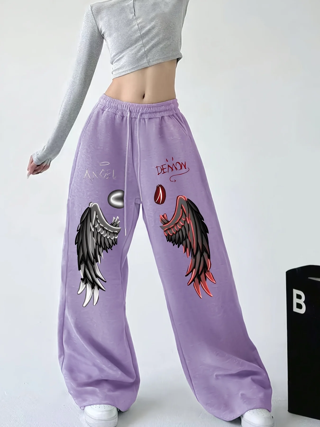Stylish Angel Demon Wings Graphic Pants Women Quick Dry Fabric Trousers Dark Y2K Loose Streetwear for Vacation & Street Kids