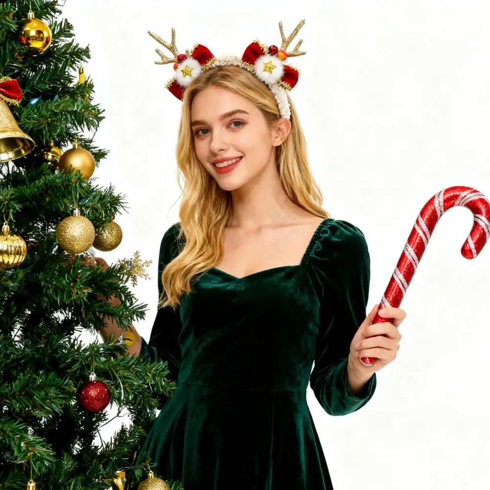 Christmas Headband Women Elk Hairpin Fleece Reindeer Antlers Headband with Bow Pompoms for Xmas Party Cosplay Accessory
