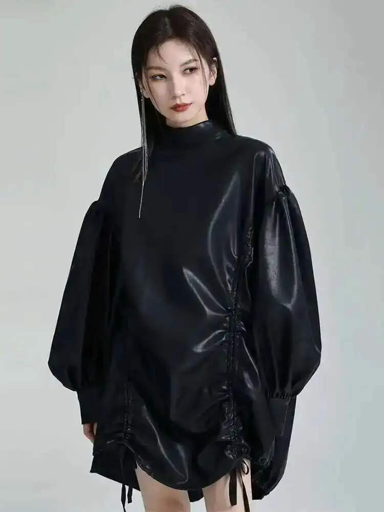 Women Green Pu Leather Drawstring Big Size T-shirt New Turtleneck Long Sleeve Fashion Tide Spring Autumn
