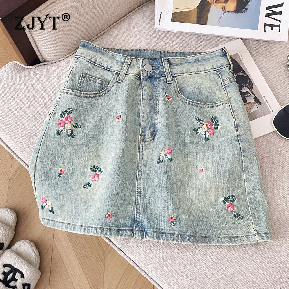 

ZJYT High Street Fashion Floral Embroidery Denim Skirts for Women Summer Mini Aline Skirt Casual Faldas Female Blue