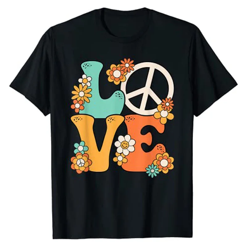 

Peace Sign Love 60s 70s Costume Groovy Hippie Theme Party T-Shirt Cute Peace-Sign Print with Flowers Graphic Tee Sayings Outfits