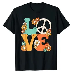 Peace Sign Love 60s 70s Costume Groovy Hippie Theme Party T-Shirt Cute Peace-Sign Print with Flowers Graphic Tee Sayings Outfits