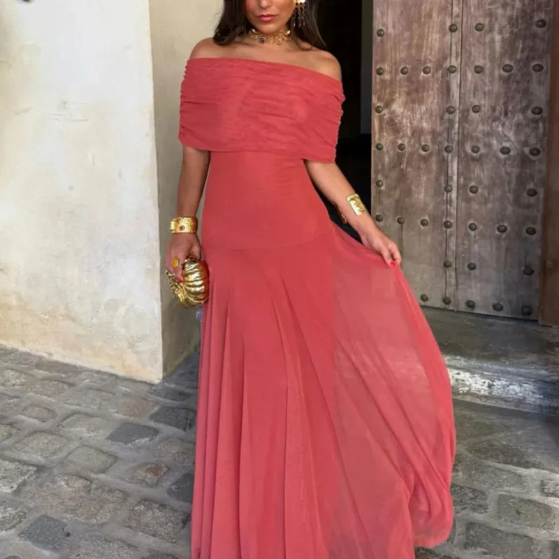 Elegante off-shoulder splitsen mesh feestjurken vrouw sexy strapless effen geplooide lange jurk zomer backless holle boho jurk - afbeelding 1