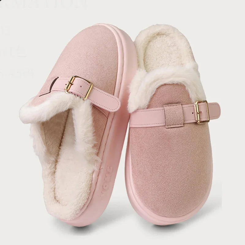 Winter-Plüsch-Pantoffeln für Damen mit Schnalle, Dicker Plüsch, Warme Flauschige Hausschuhe, Rutschfeste Baumwollschuhe für Draußen – Detail 8