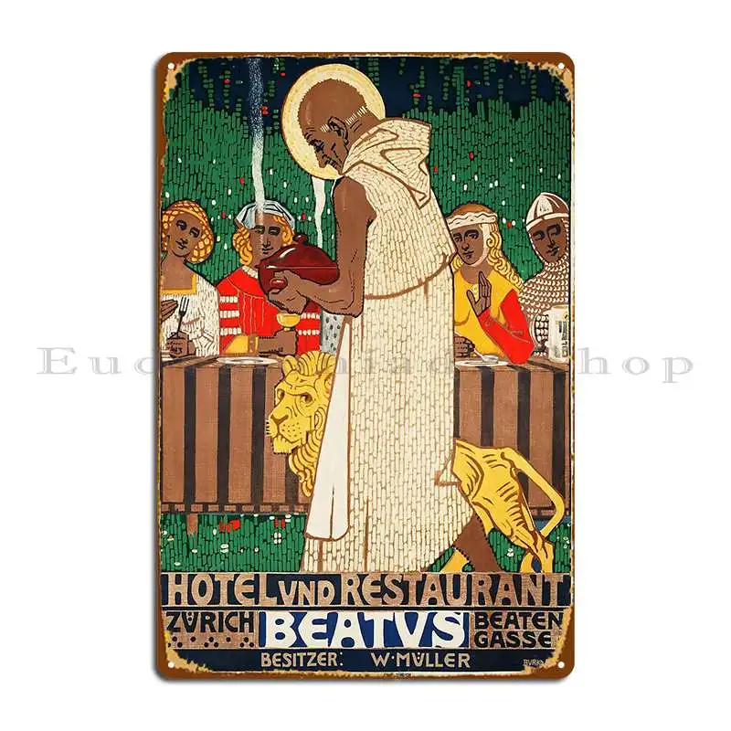 Отель и ресторан Beatus Zurich, Швейцария 1908, металлическая табличка, украшение для клуба, паб, ретро-дизайн, жестяная вывеска, плакат