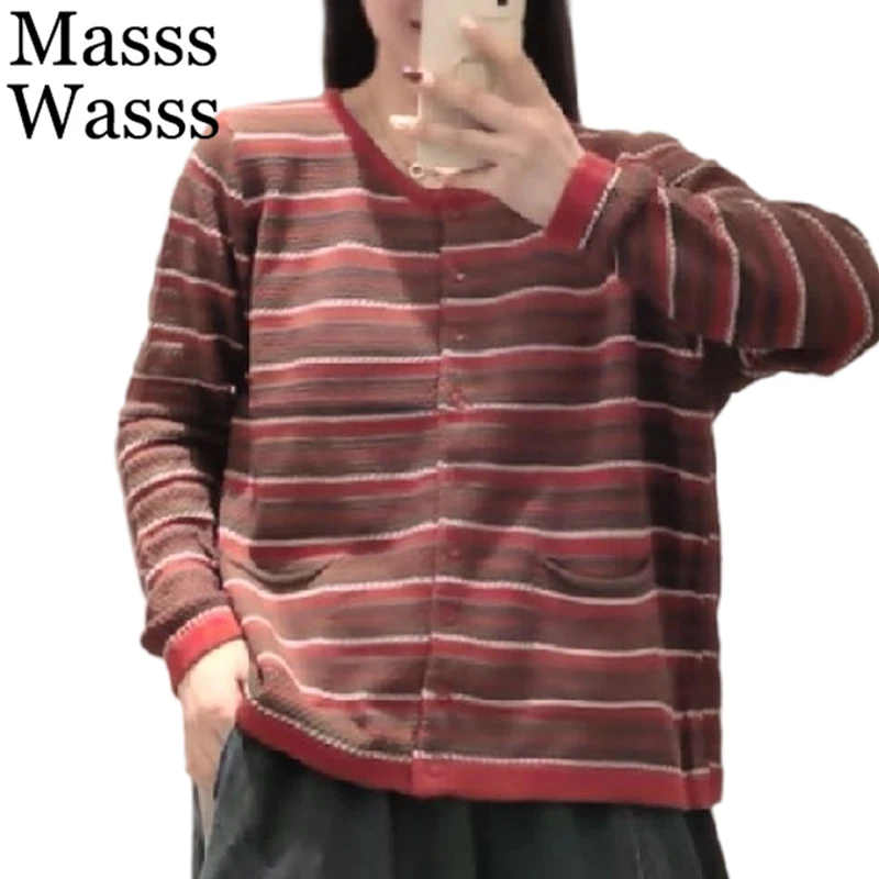 

Masss Wasss 2025 Winter Vintage Cardigans Womens Classic Loose Casual Striped Sweaters Females Fashion Elegant Cotton Knitwear