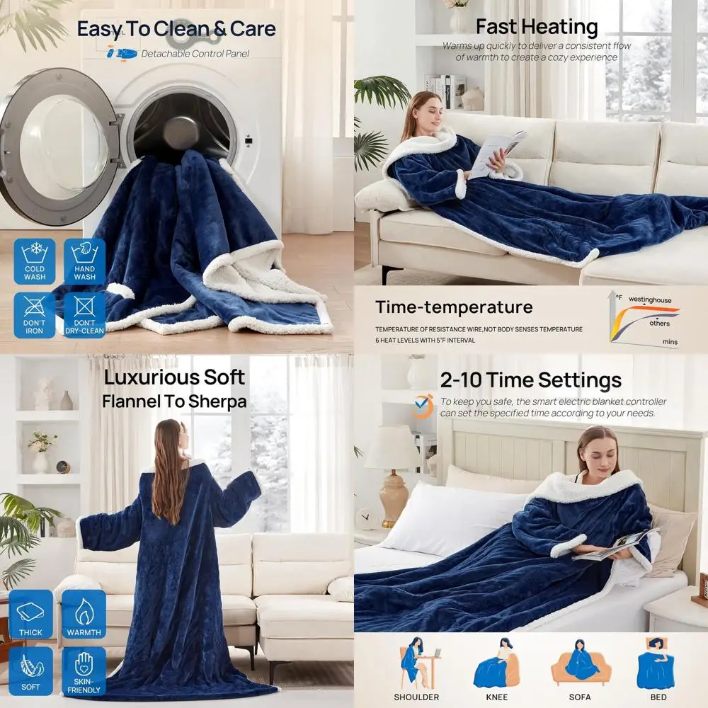 

Heated Wearable Blanket with Foot Pocket, Adjustable 6 Heat Levels, 2-10 Hour Timer, 50x70+18, Navy Blue