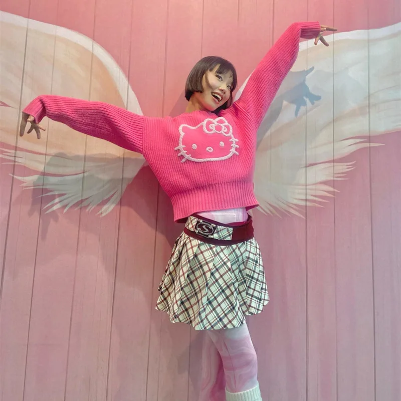 

New Sanrioed Hot Girls Y2K Hello Kitty Sweater Knitted Slim Fit Tops Cartoon Versatile Anime Autumn Kt Round Neck Short Top Cute