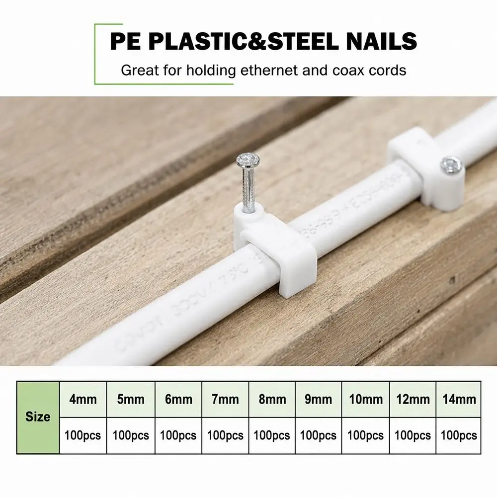 100Pcs 4-20mm Cable Clips Plastic Metal Smooth Shank Wire Clips Cord Holder Wall Mount Cable Tacks for Coax Cable Speaker Wire