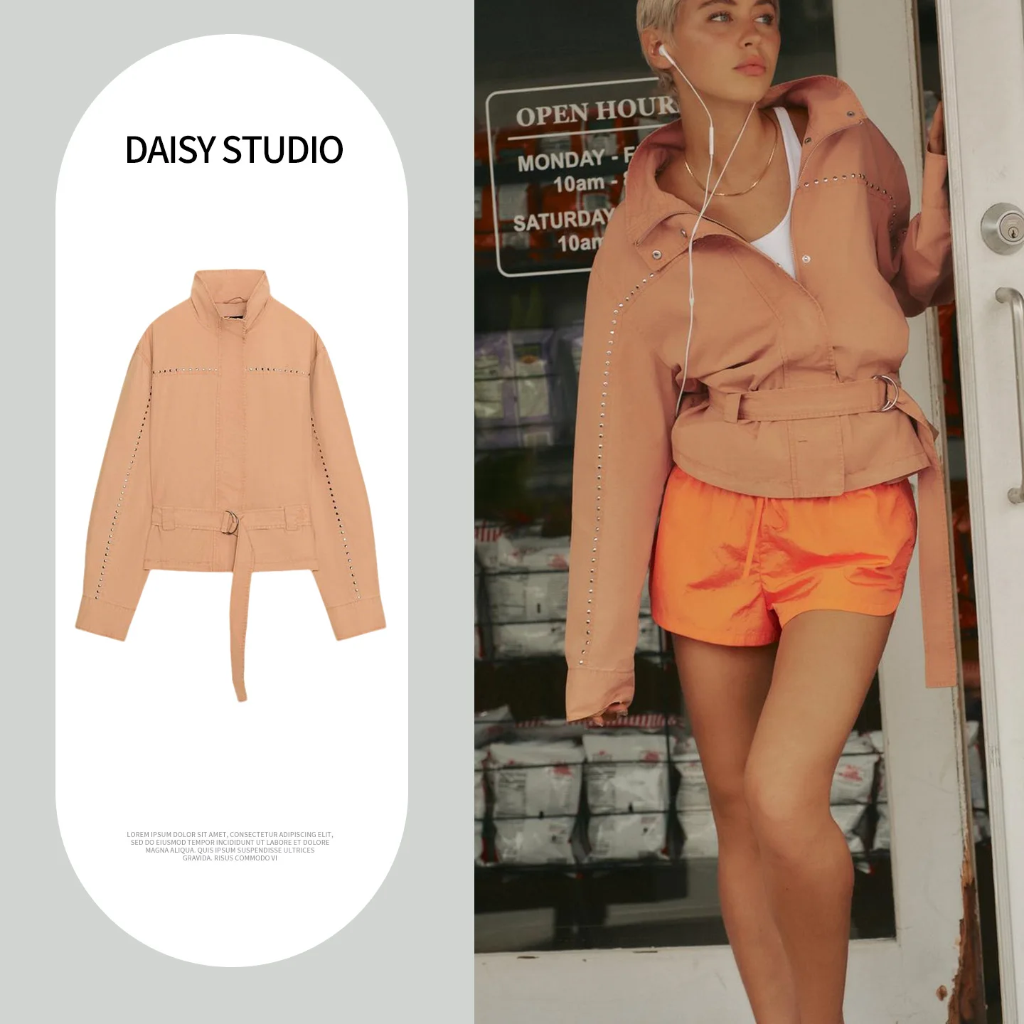 Spring Summer New Arrival Women's Minimalist Long Sleeve Stand Collar Color Block Rivet Decoration Belted Outerwear