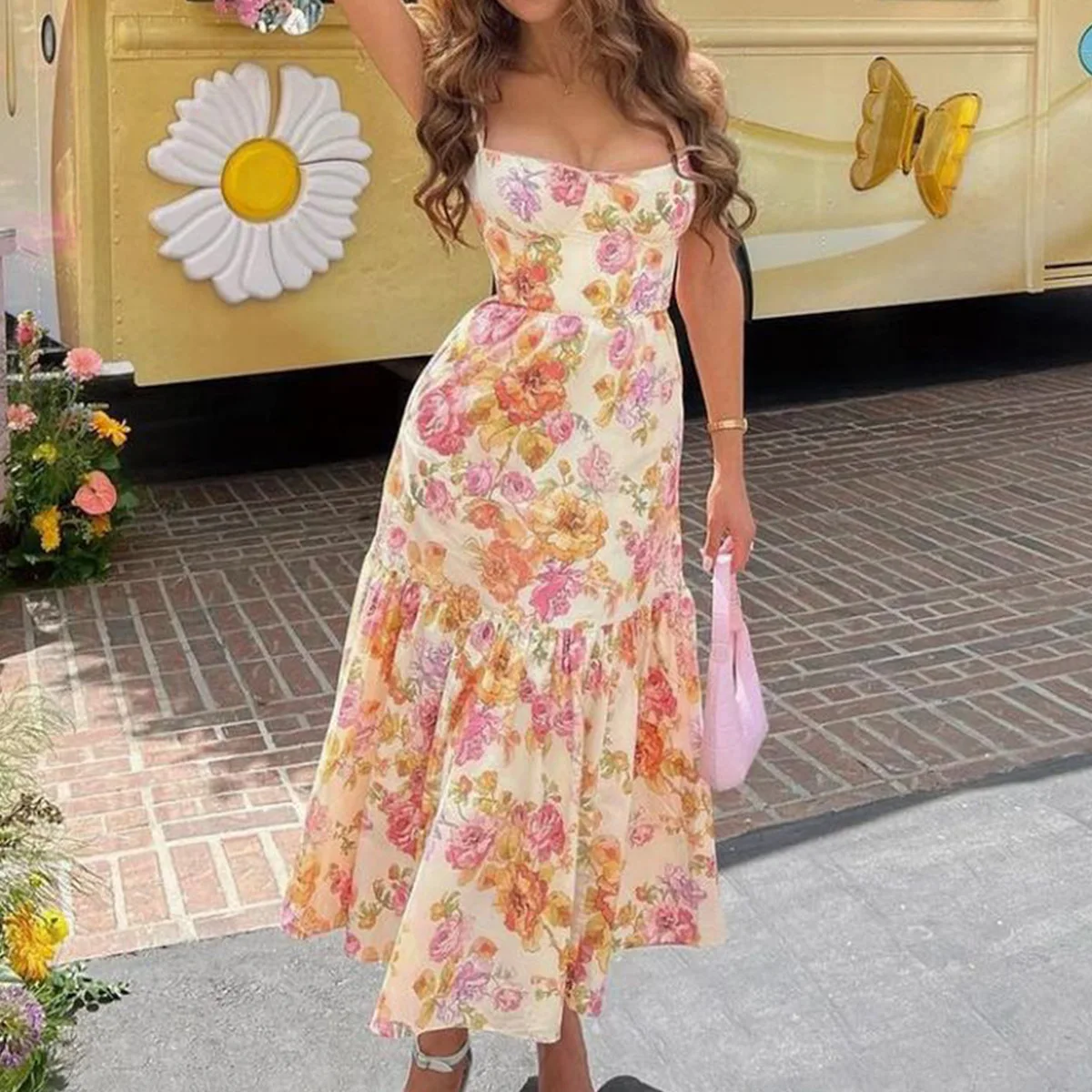 

Floral suspender slim backless medium and long printed dress, fashionable, simple temperament, elegant and versatile high-end ho
