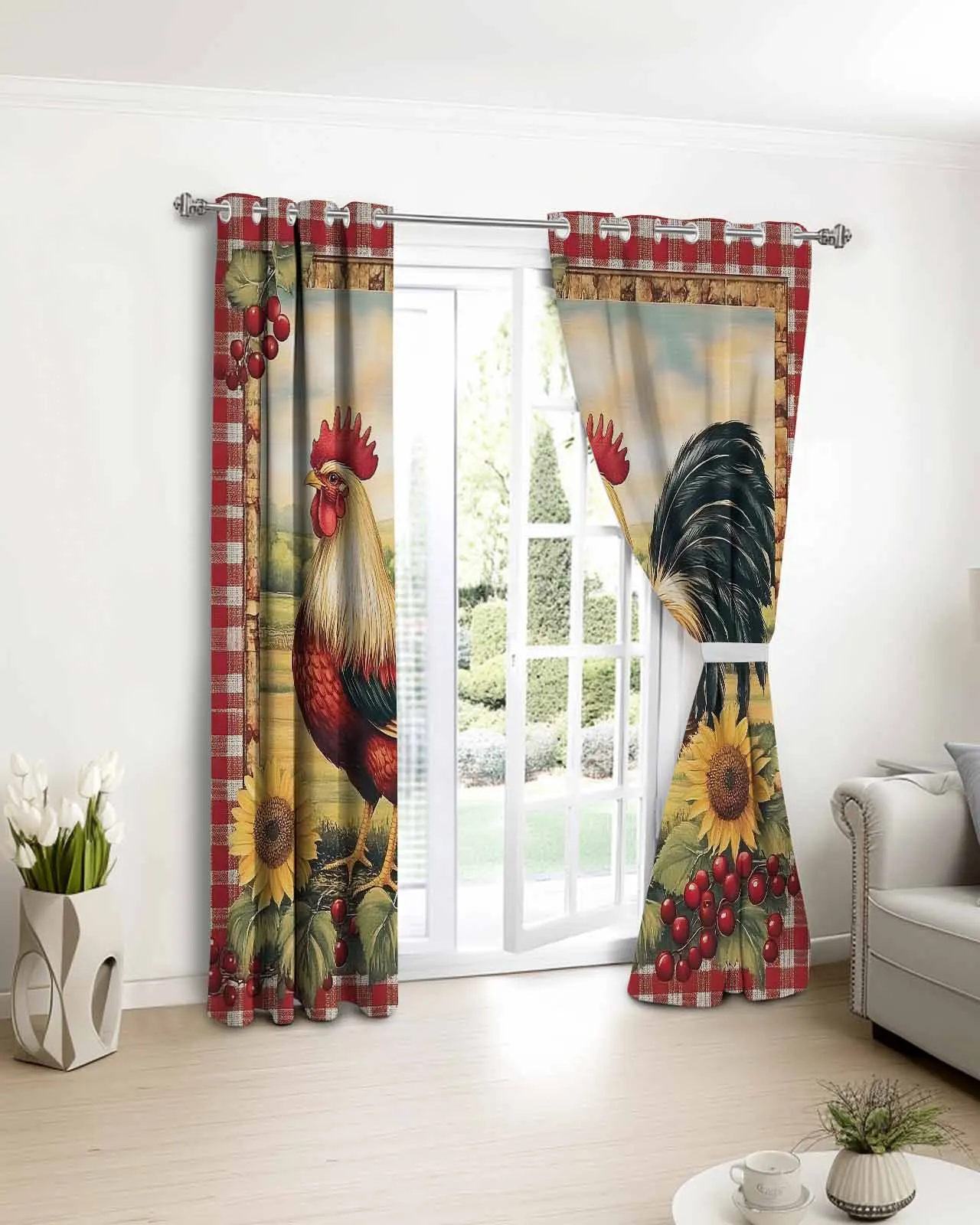 

Vintage Farm Rooster Plaid Window Curtain Bedroom Decor Curtain Panel Curtains for Living Room