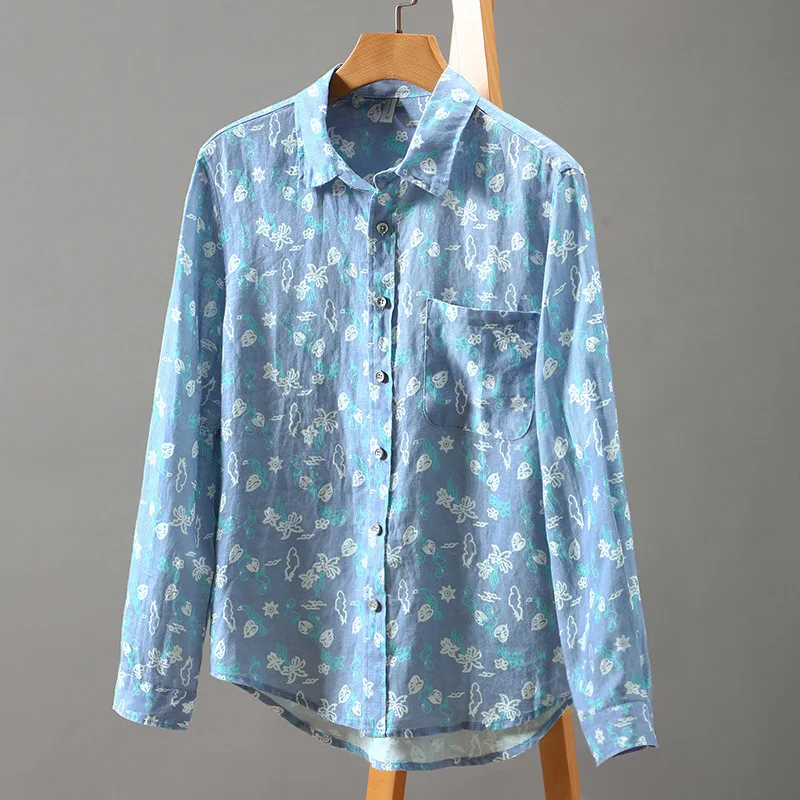 Retro Spring Summer New Printed Floral Men\'s Linen 100% Business Casual Shirts For Men High Street Loose Thin Clothes Tops