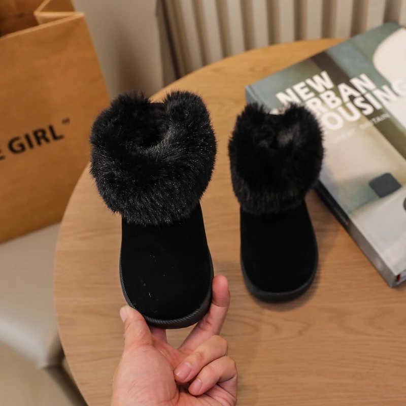 Toddler Kids Big Fluffy Fur Collar Snow Boots, Slip‑On Fully Plush Lined Non‑Slip Flat Winter Ankle Boots