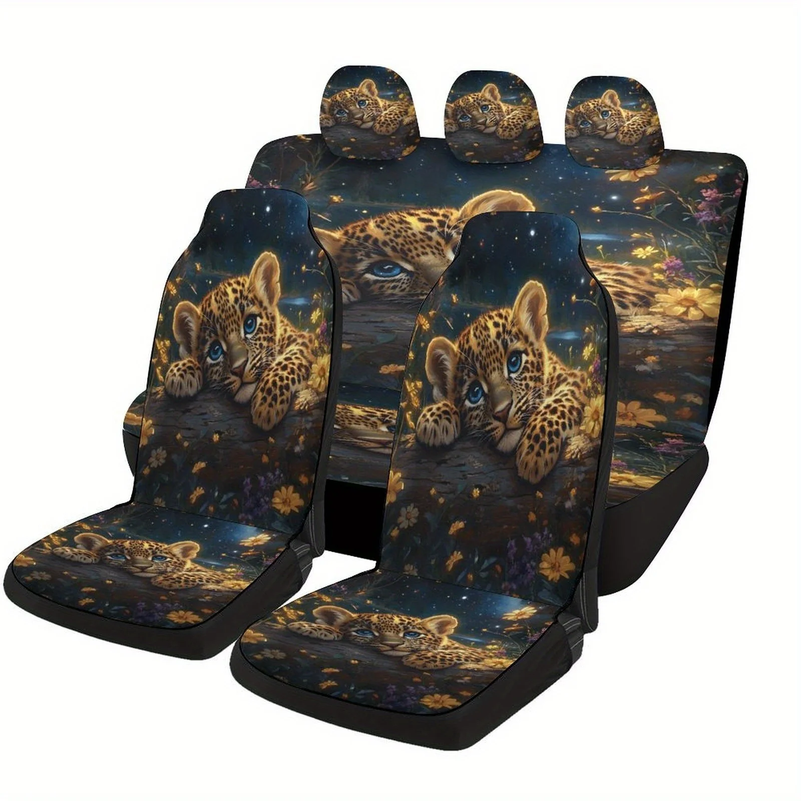 

Leopard Cub Night Bloom Themed Car Seat Cover Set For Most Cars, Fashionable Novelty Car Seat Protector Covers Full Set, Univers