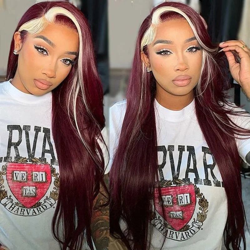 Long 13x4 Lace Front  Hair Wig Wavy Burgundy Mix Blond Highlight Wig