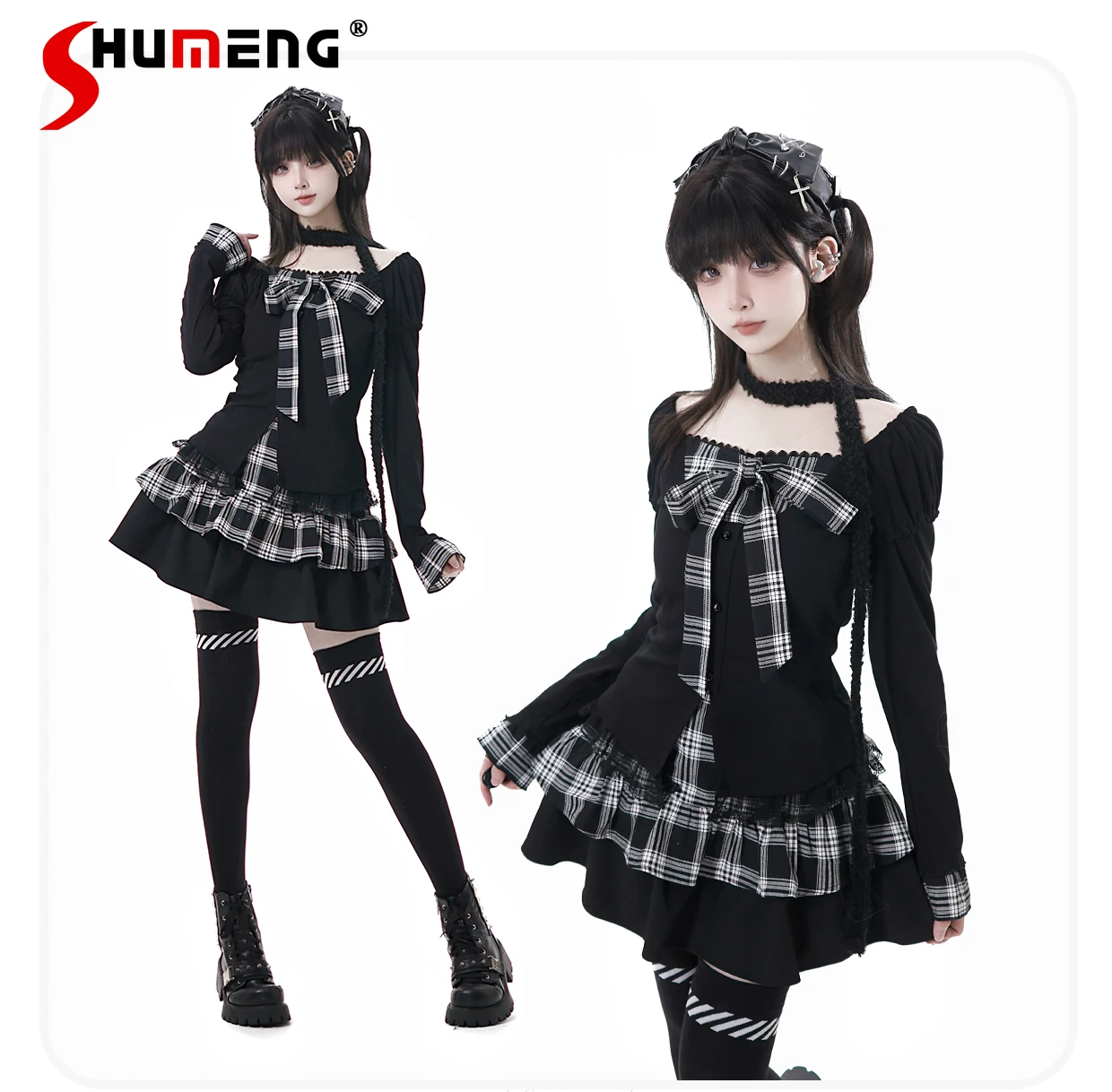 

Sweet Cool Girl Y2K Top Skirt Set Plaid Bow Off-Shoulder Long Sleeve Single-Breasted Slim Shirts High-Waisted Mini Skirts Women