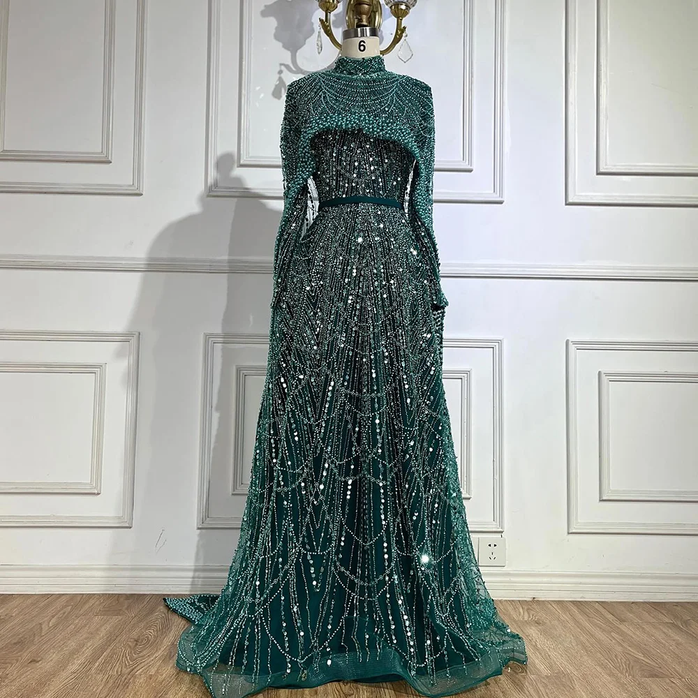 Serene Hill Customized Green Long Sleeve A-Line Evening Dresses with Cape Muslim Wedding Party Gowns For Women LA72032B