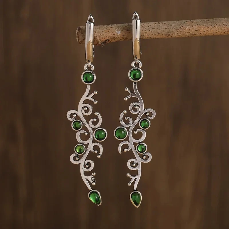 Charm Flower Earrings Vintage Silver Color Green Stone Drop Earrings for Women Jewelry