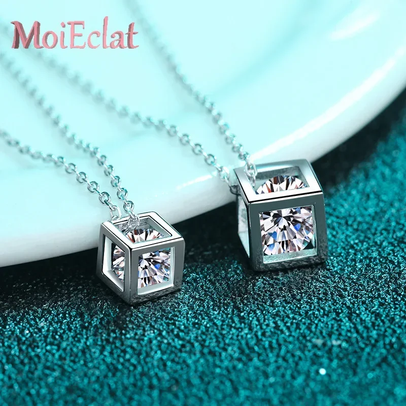 MoiEclat Store Platinum PT950  1ct Moissanite Hollow 3D Cube Pendant Necklace, Geometric Necklace Jewelry Anniversary Gift