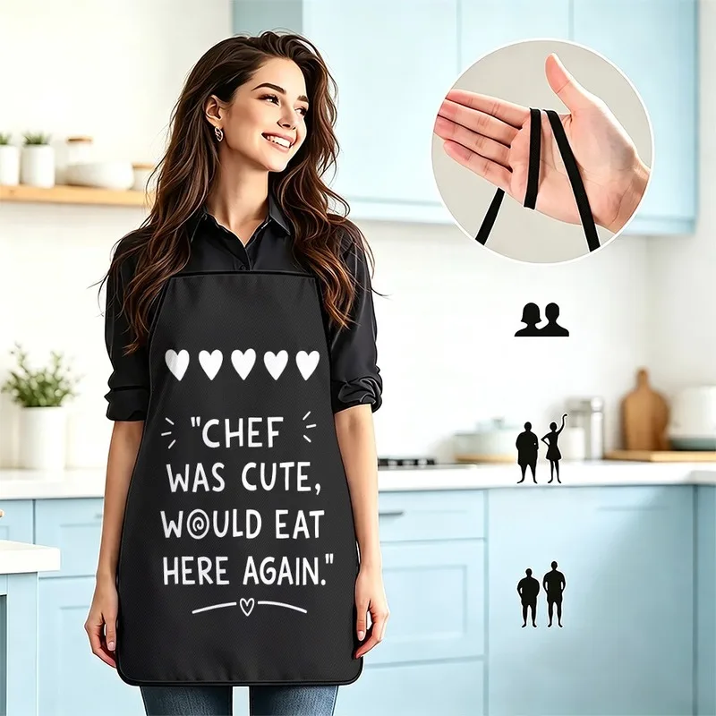 1PC【Apron】2DFlat effect，Printed with white heart pattern“CHEF WAS CUTE, WOULD EAT HERE AGAIN”Fun prints，Fun and durable，Suitable