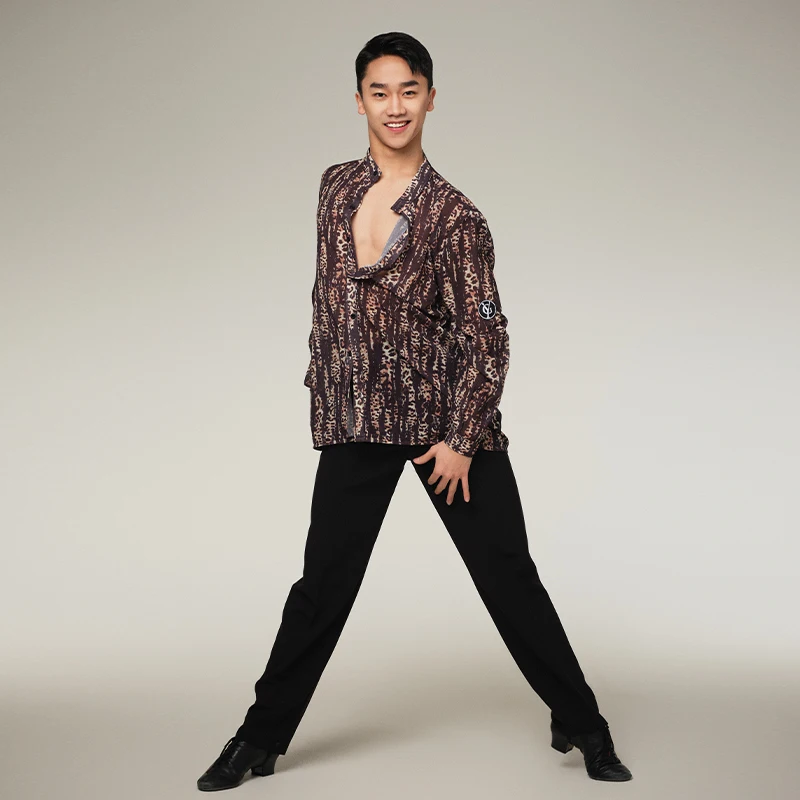 Robe de pratique latine personnalisée pour hommes, vêtements de Performance, édition ample, imprimé panthère jaune, col montant, petit haut à manches longues