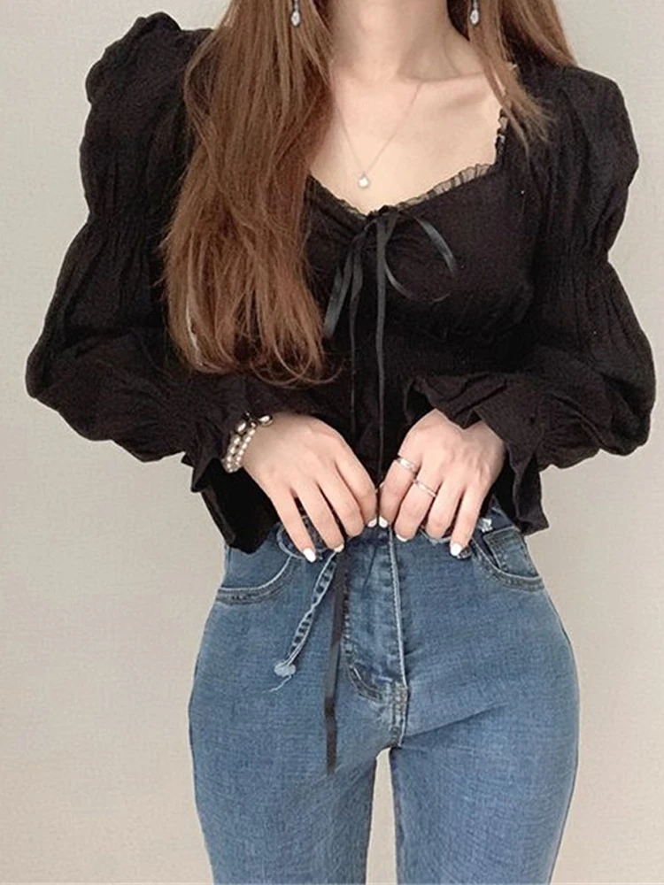 

Корейский дизайн Sense Lace Patchwork Женские irt ort Long Sve Bubble Sve Casual Sle Pure Color Commute Faion