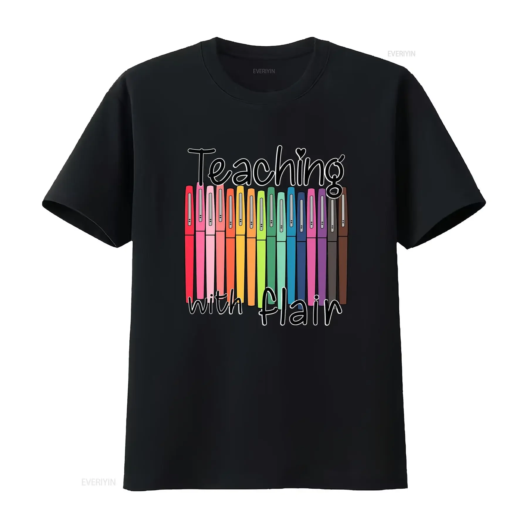 Cute Cartoon Teacher Rainbow Marker Teaching with Flair Print Casual T Shirt vintage Washed Breathable fashion designer clothes