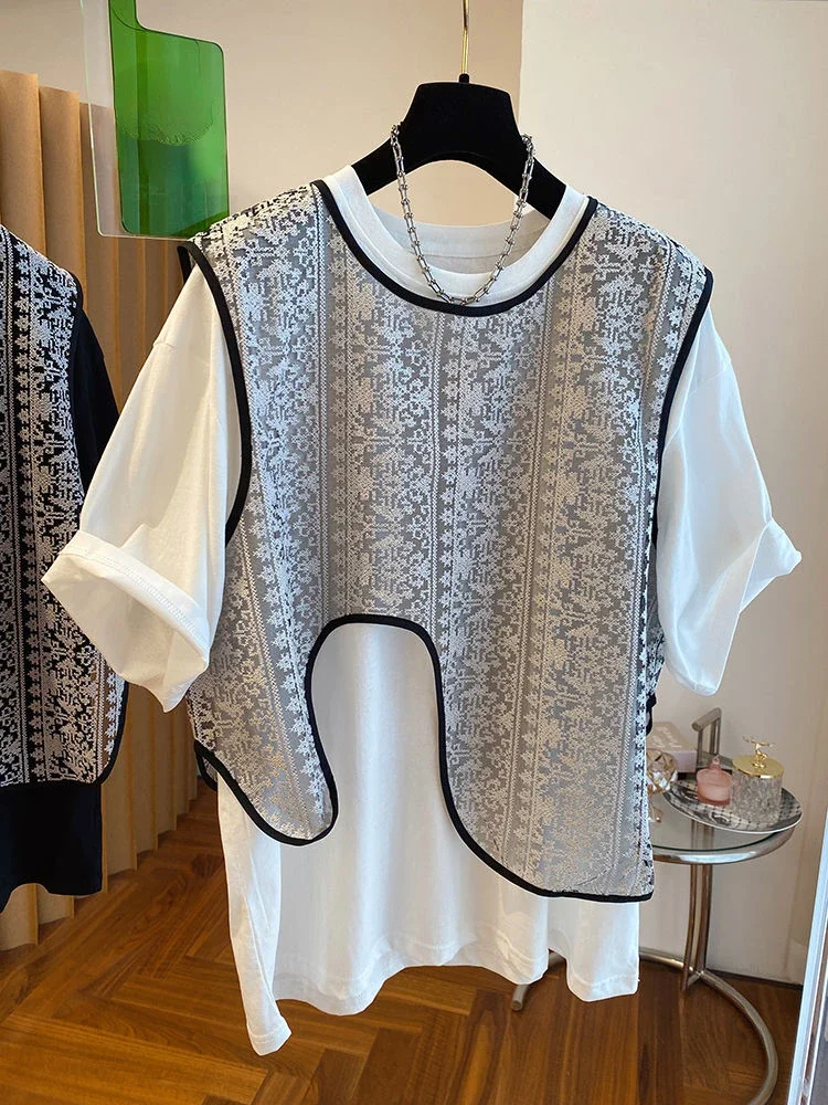 

2024 Vintage Women Clothes O Neck Short Sleeve T Shirts Irregular Embroidery Gauze Vests Summer Casual Loose Two Piece Set A625