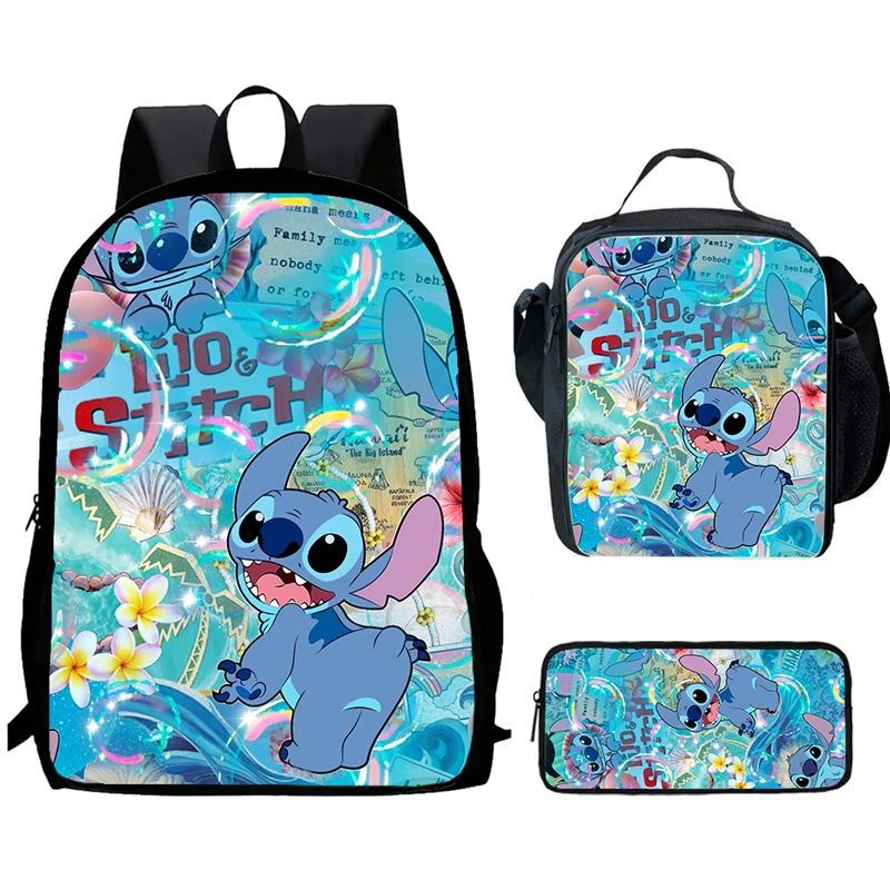 

Cartoon Stitch Child School Backpack With Lunch Bags Pencil Bags For Age 4-9 ,Light Weight School Bags For Boys Girls